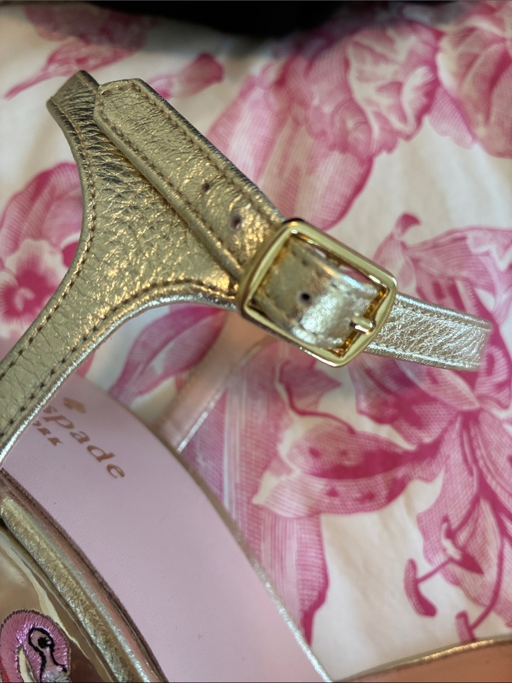 kate spade Gold Platform Wedge Sandals with Pink Flamingo and Teal Leaf Accents - Picture 7 of 8